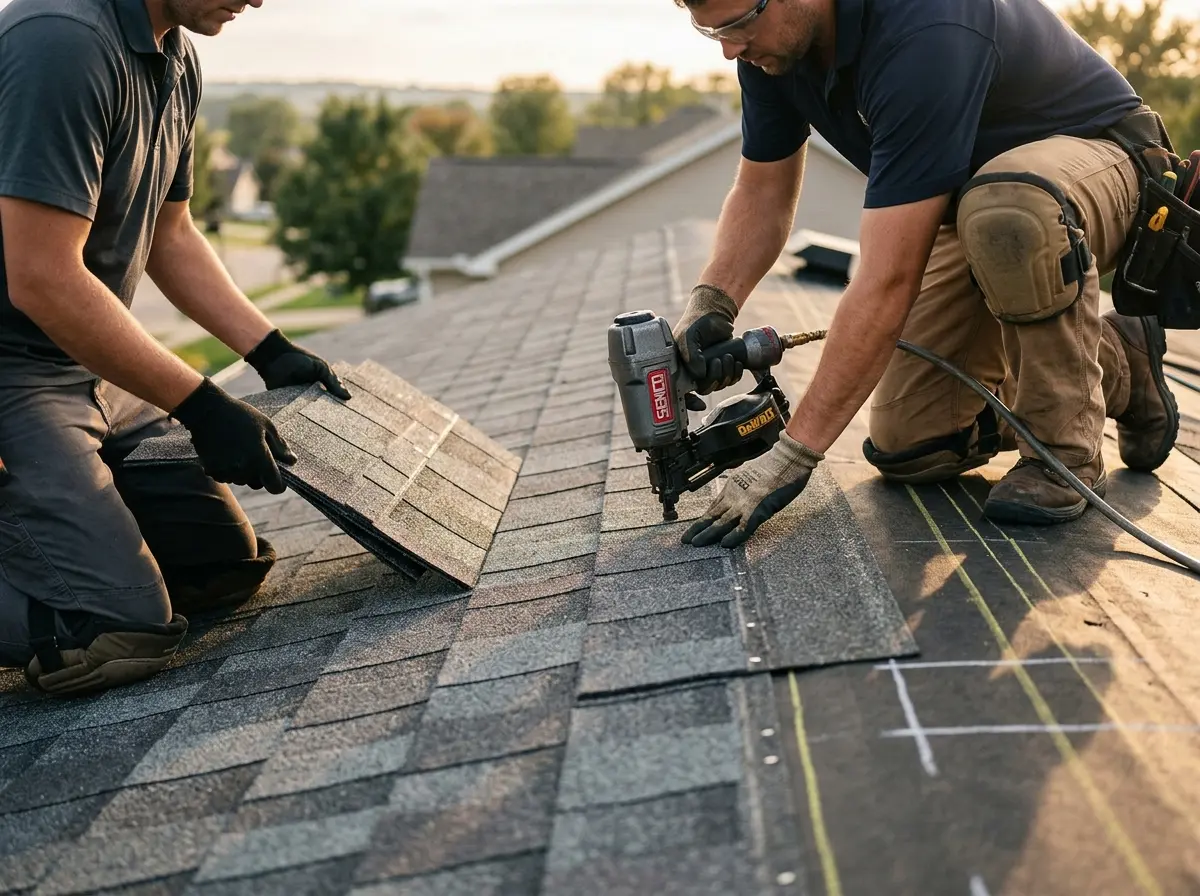 Professional roofer working on a residential roof in Clifton
